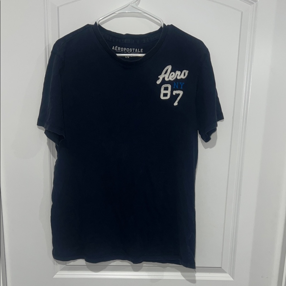 Aeropostale Navy Short Sleeve Graphic Tee with White & Light Blue Accents
